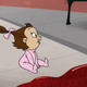 An adorable baby girl in a pink onesie sits on the pavement as a pool of blood approaches.